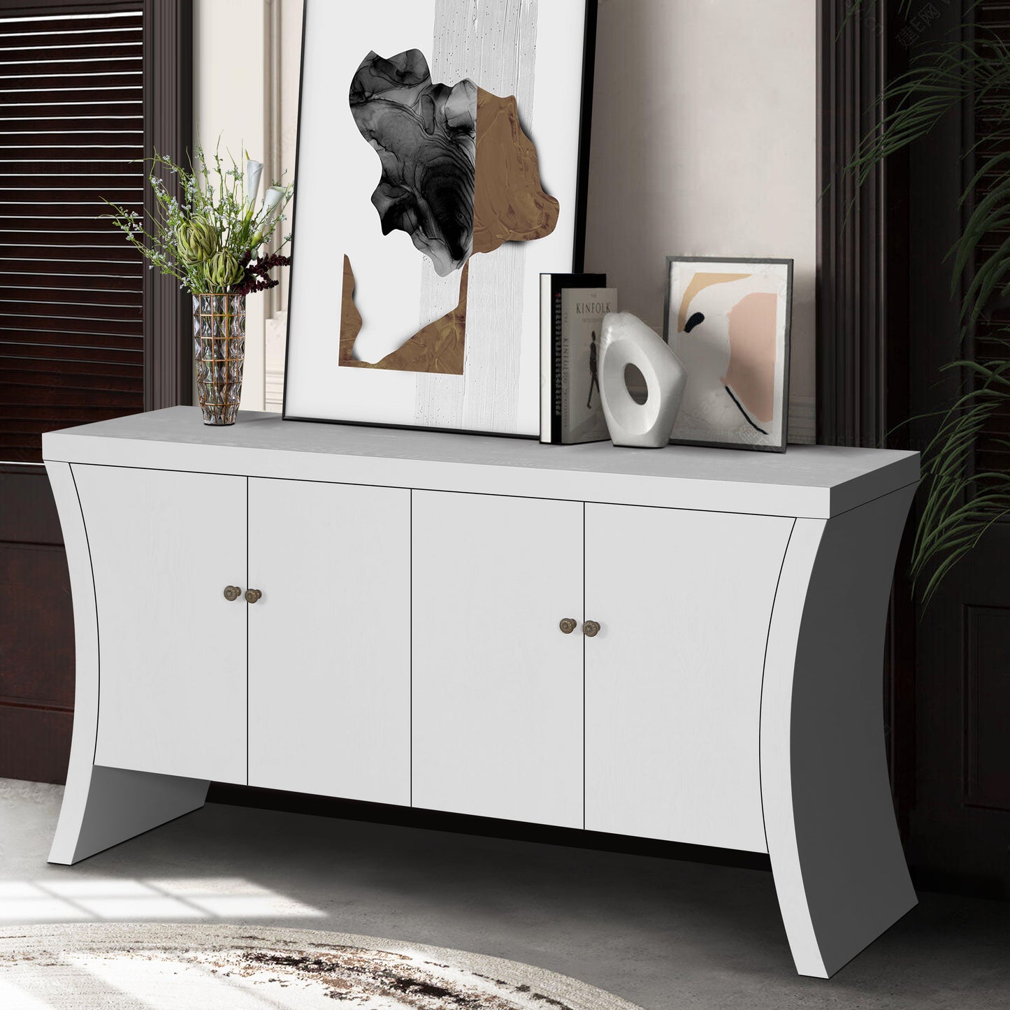 Refined Industrial 4 Door Credenza With Wooden Arc Legs & Bronze Clasps, Advanced Storage Design - White