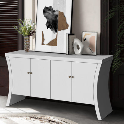Refined Industrial 4 Door Credenza With Wooden Arc Legs & Bronze Clasps, Advanced Storage Design - White