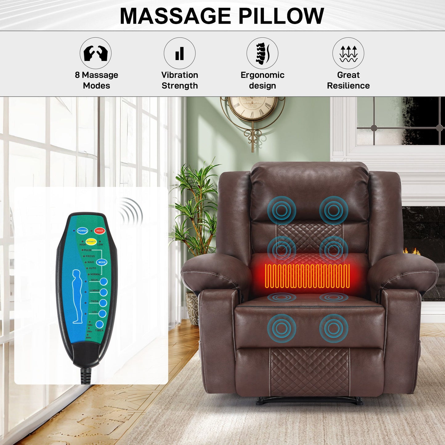 Breathable Leather Massage Recliner Chair Manual Living Room Reclining Sofa - Brown