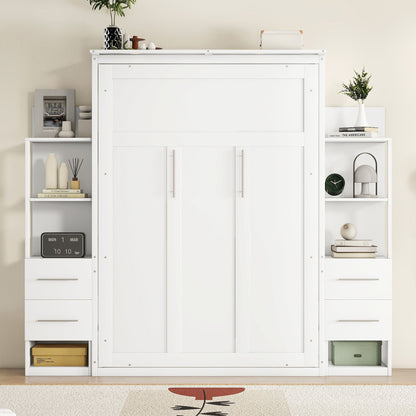 Full Size Murphy Wall Bed With Shelves, Drawers And LED Lights - White
