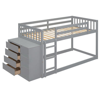 Twin Over Twin Classic Bunk Bed With 4 Drawers And 3 Shelves - Gray