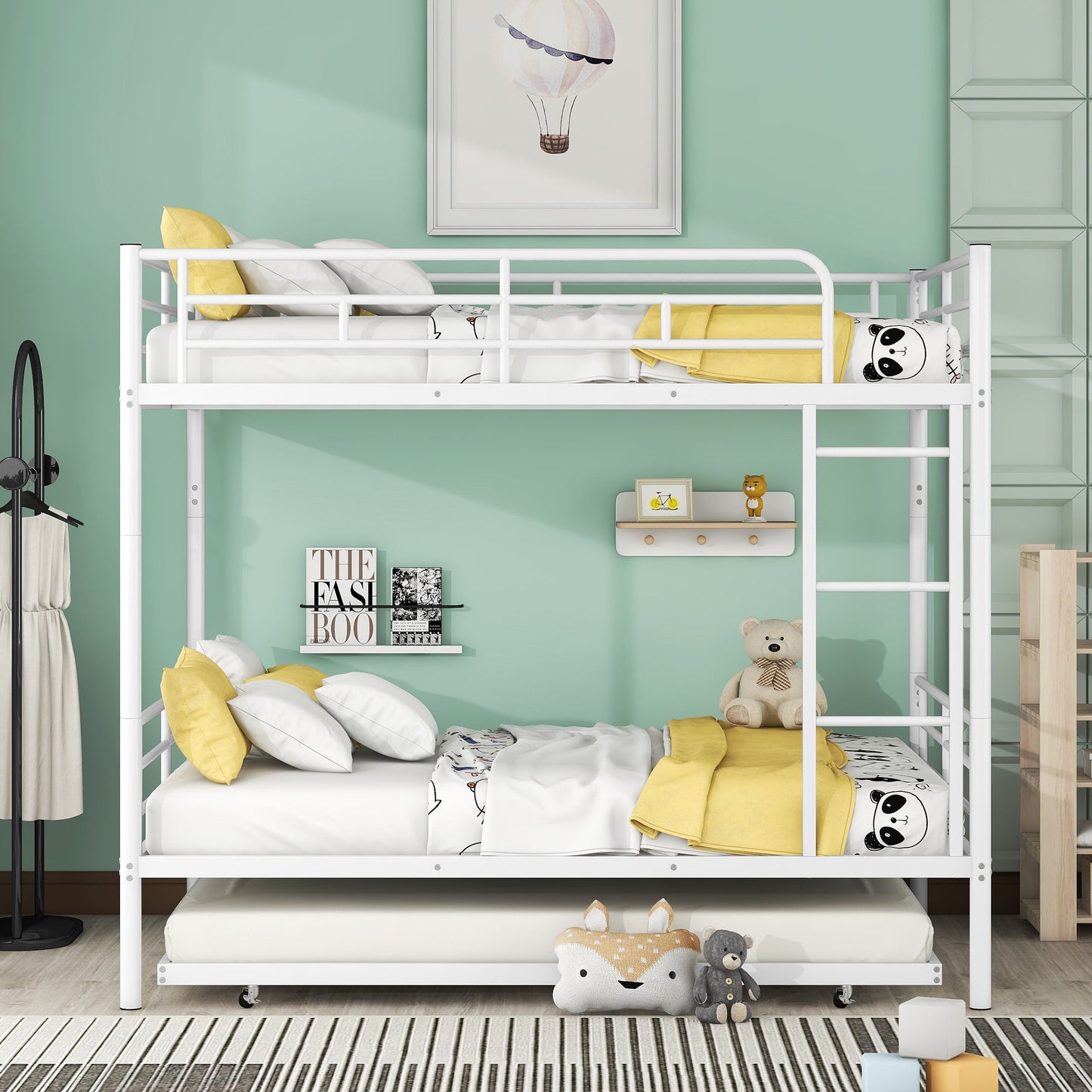 Full Over Full Metal Bunk Bed With Trundle - White