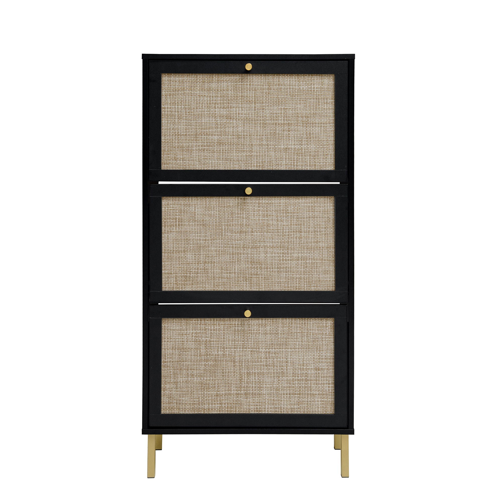 Modern Rattan 3 Door Shoe Rack Cabinet For Entryway Freestanding Black Storage Unit In Particle Board - Black