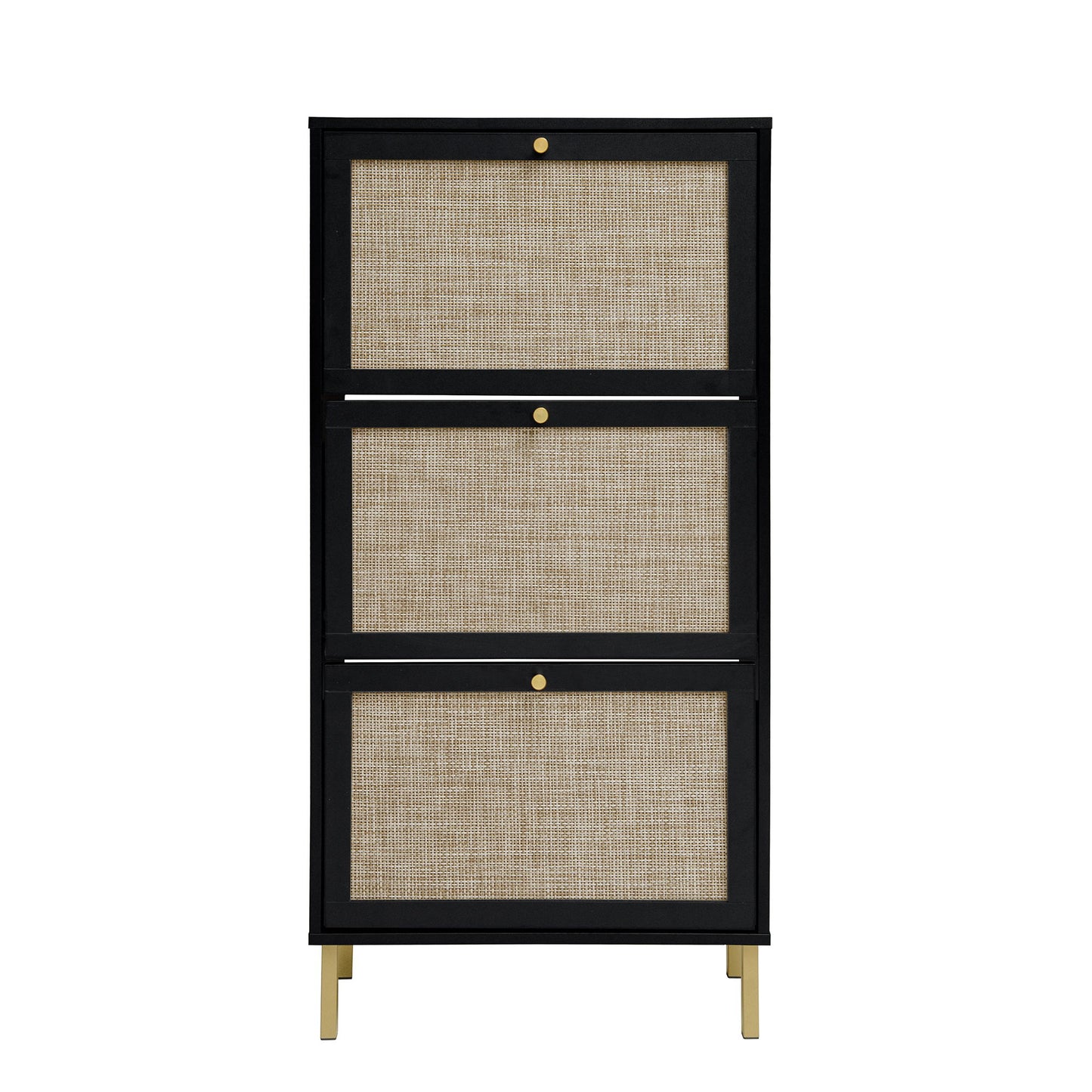 Modern Rattan 3 Door Shoe Rack Cabinet For Entryway Freestanding Black Storage Unit In Particle Board - Black