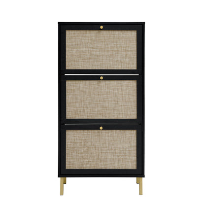 Modern Rattan 3 Door Shoe Rack Cabinet For Entryway Freestanding Black Storage Unit In Particle Board - Black