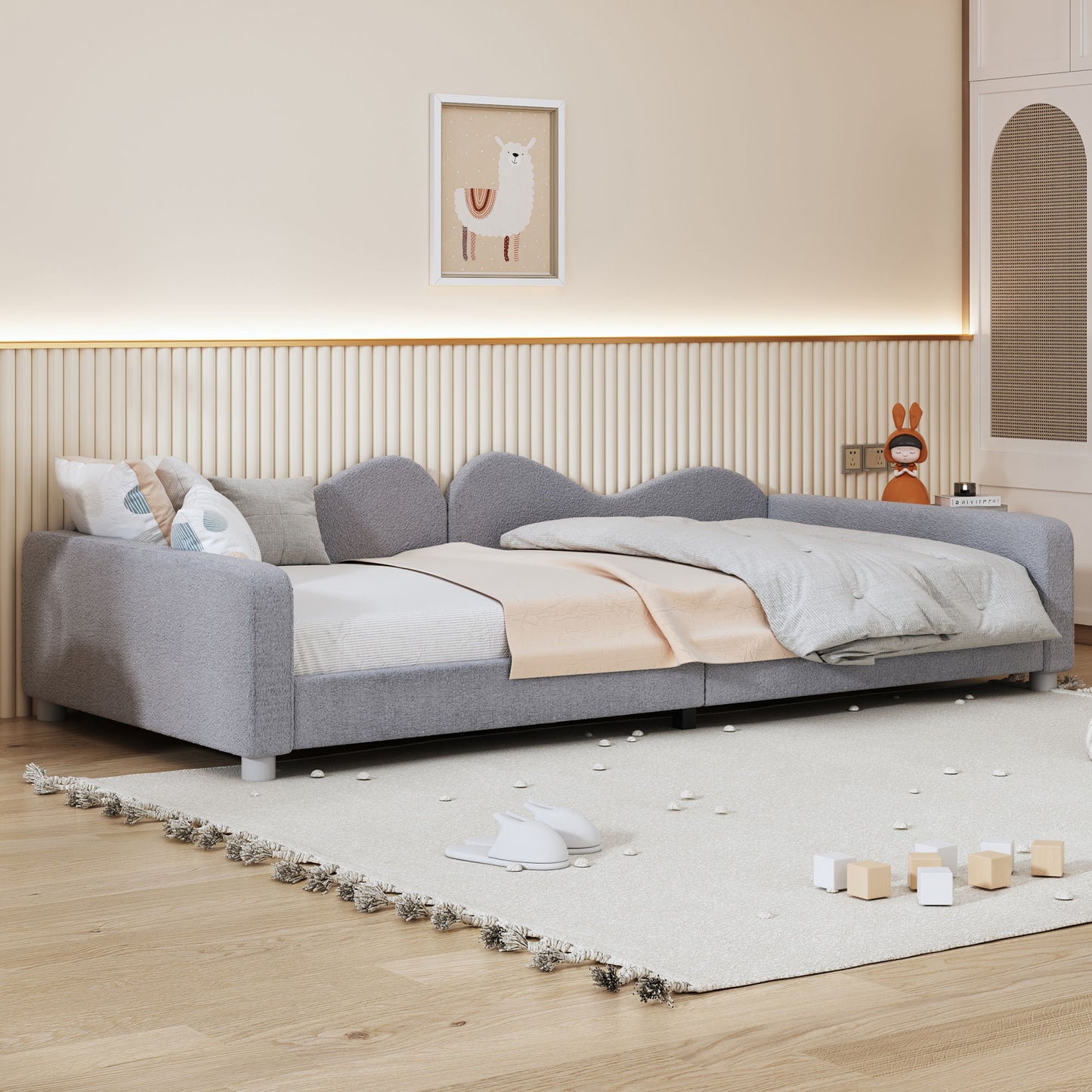 Twin Size Upholstered Daybed, Sherpa Fabric Sofabed With Cloud-Shaped Backrest, No Box - Spring Needed - Gray