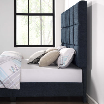 Queen Size Squares Upholstered Platform Bed - Navy Blue Denim