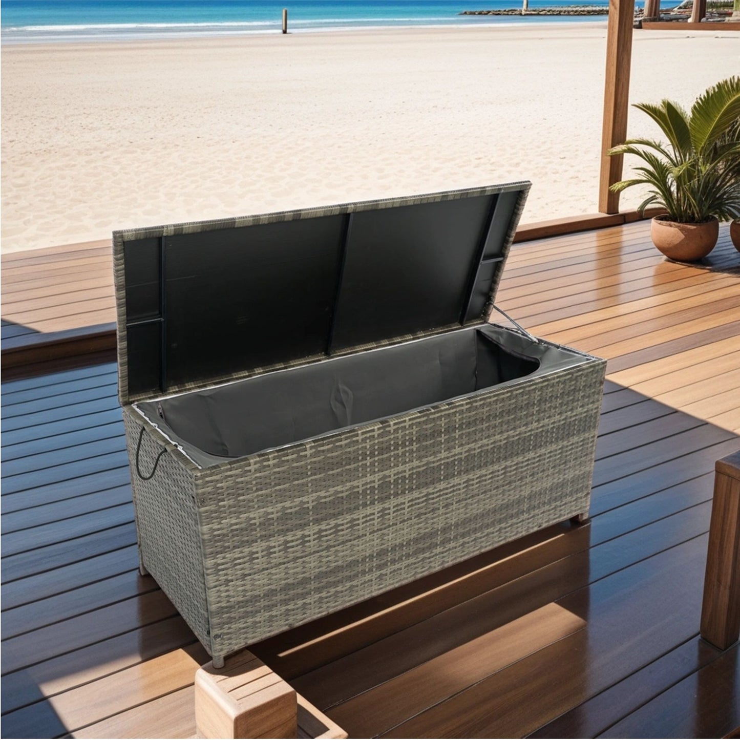 Outdoor Storage Box, 113 Gallon Wicker Patio Deck Boxes With Lid, Outdoor Cushion Storage For Kids Toys, Pillows, Towel, Wicker - Gray