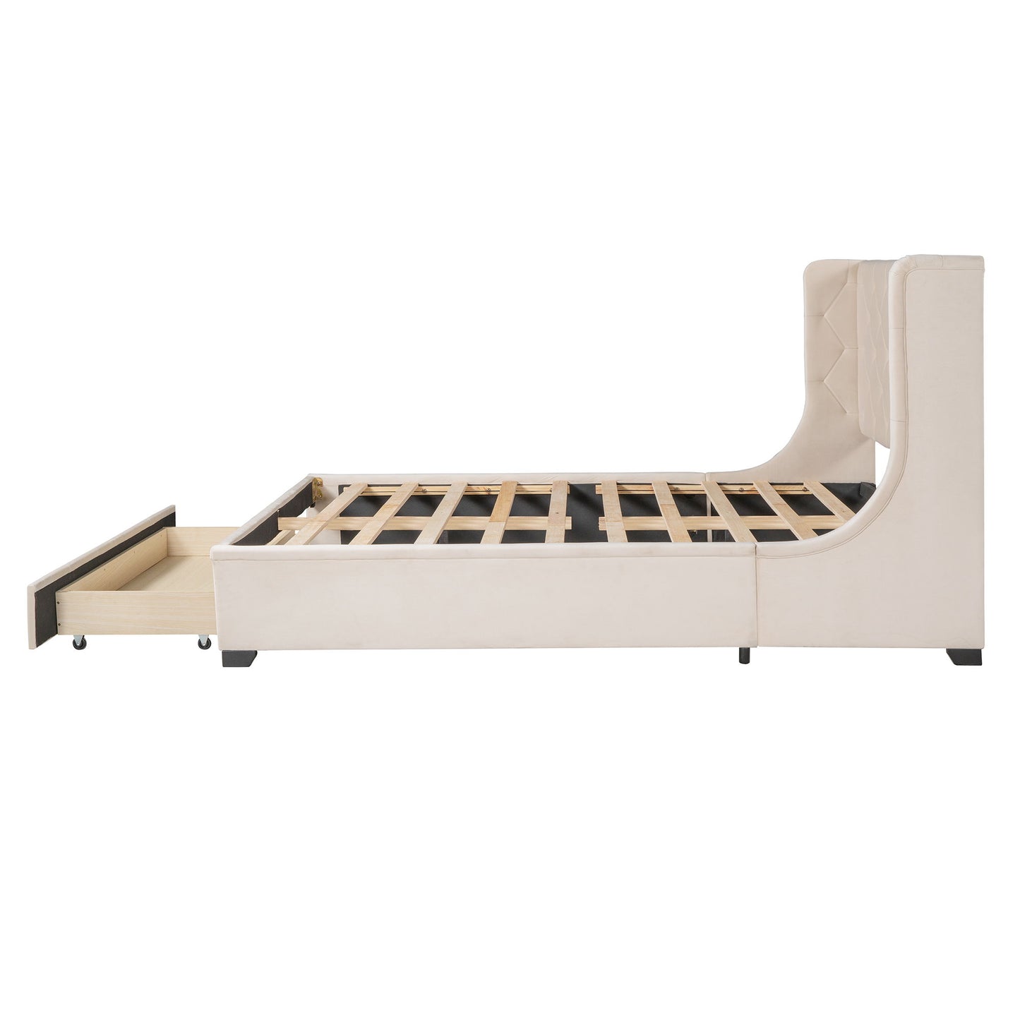 Queen Size Storage Upholstered Platform Bed With Wingback Headboard And A Big Drawer - Beige