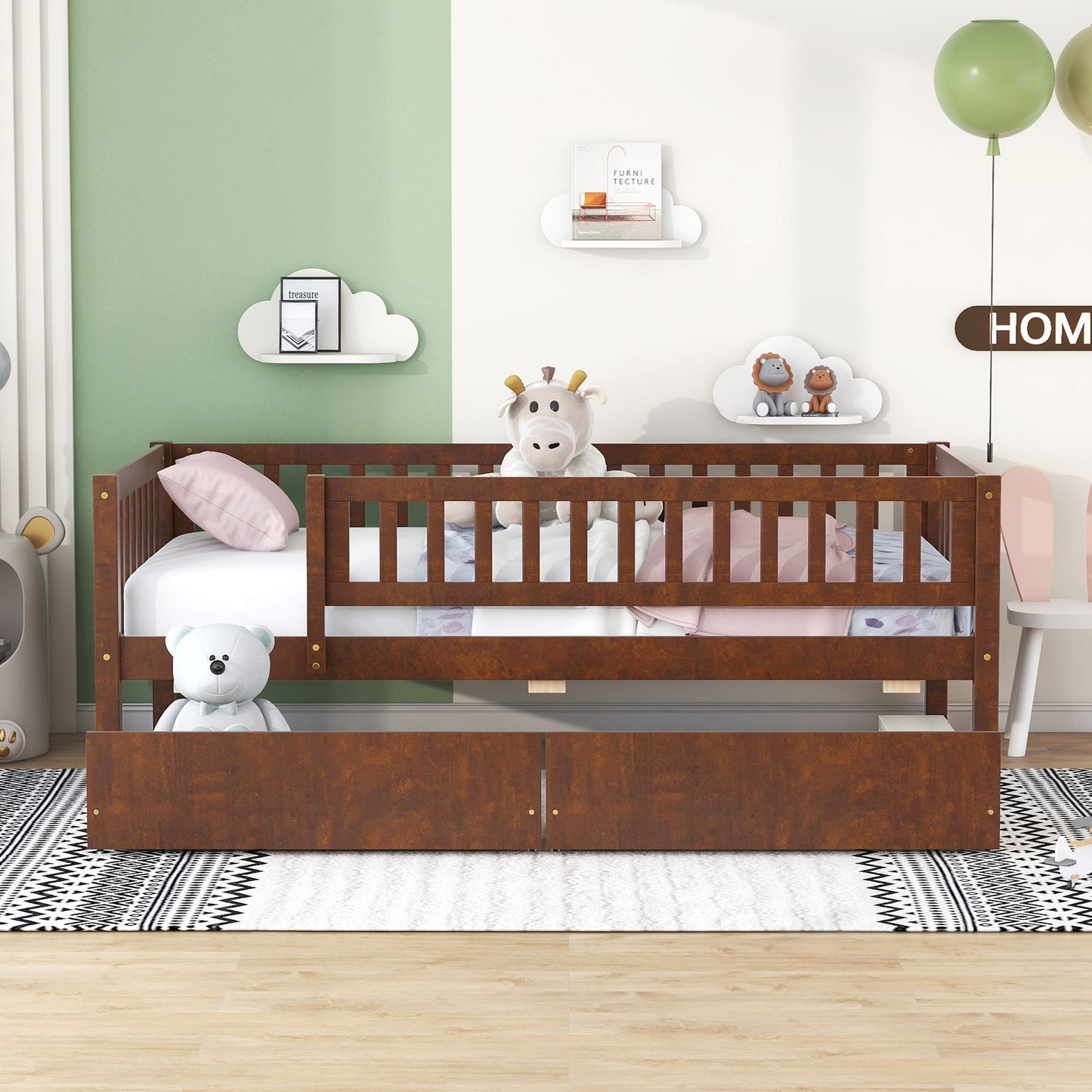 Twin Size Daybed Bed With Two Drawers - Walnut