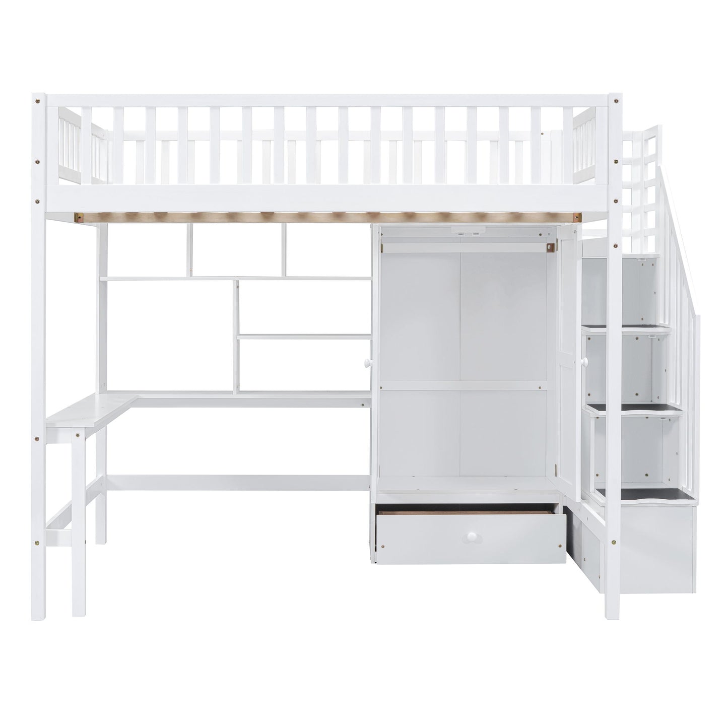 Full Size Loft Bed With Bookshelf, Drawers, Desk, And Wardrobe - White