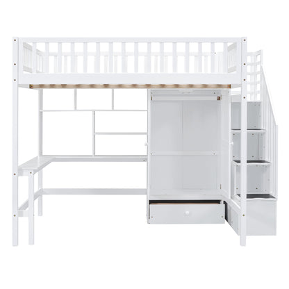 Full Size Loft Bed With Bookshelf, Drawers, Desk, And Wardrobe - White