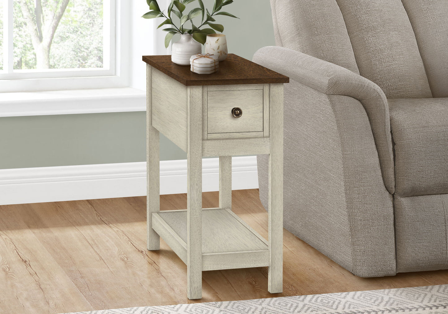 Accent End Table, 2 Tier, Narrow, Lamp, Storage Drawer, Transitional - White
