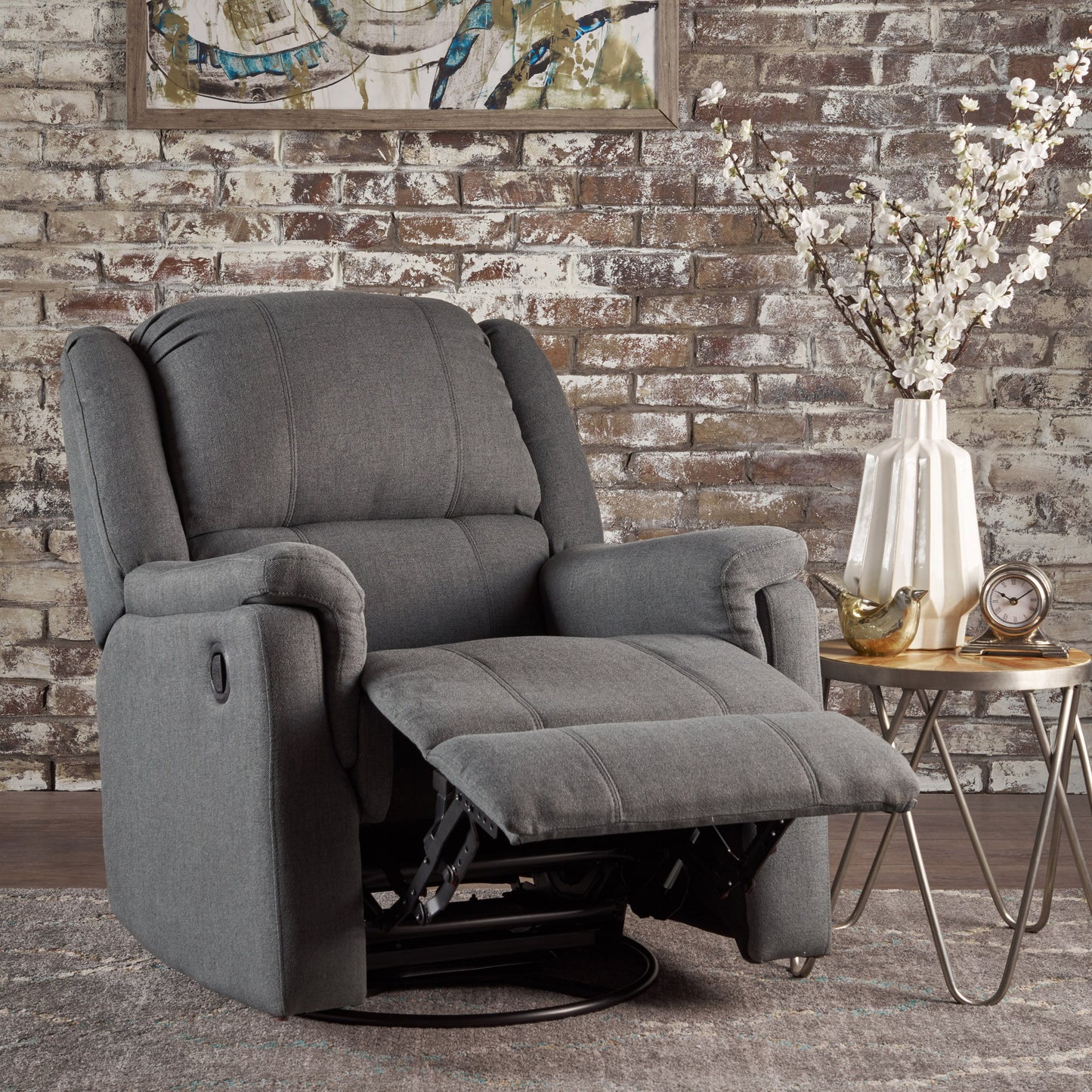 Glider Recliner With Swivel, Manual Reclining Chair - Charcoal