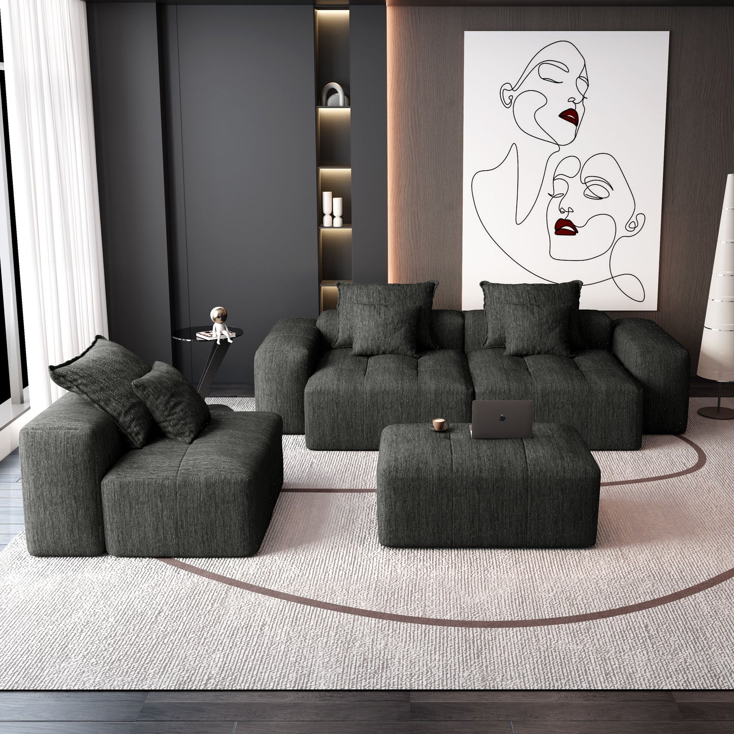 Modern Oversized Modular Sectional Sofa, Sparkling Fabric Soft Cushion Sofa With 6 Pillows, 6 Pieces Diy Combination Tufted Sofa, No Assembly Required - Black