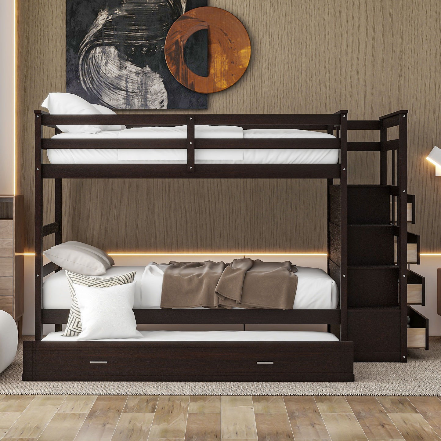 Twin Over Twin Bunk Bed With Trundle And Staircase - Espresso