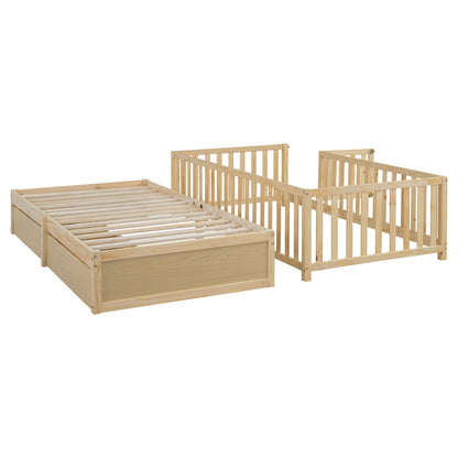 Twin Size Daybed With Fence Guardrails And 2 Drawers, Versatile Split Floor Bed & Daybed - Natural