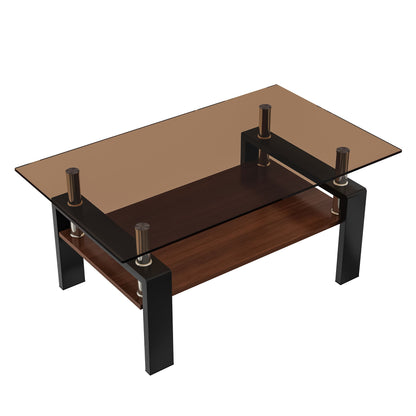Modern Rectangular Coffee Table With Tempered Brown Glass Top And Layer Table For Living Room - Brown / Black