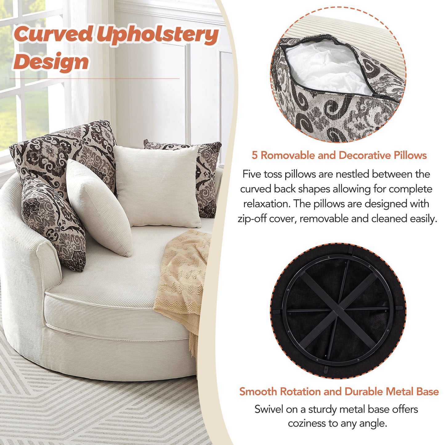 Swivel Accent Barrel Chair With 5 Movable Pillow 360 Degree Swivel Round Sofa Chair For Living Room, Bedroom, Hotel - Beige