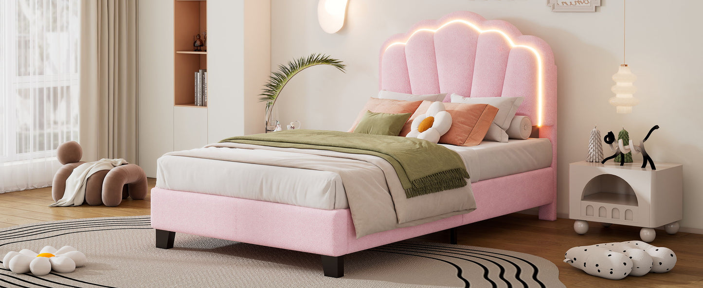 Twin Size Upholstered Flower-Shape Bed, Elegant Flowers Headboard With LED Light Strip, Sherpa Fabric Platform Bed With Slats Support - Pink