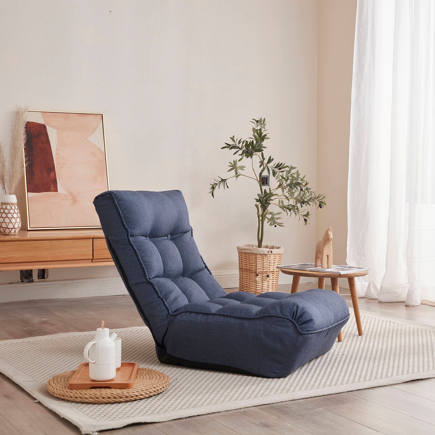 Single Sofa Reclining Japanese Chair Lazy Sofa Tatami Balcony Adjustable Chair - Navy