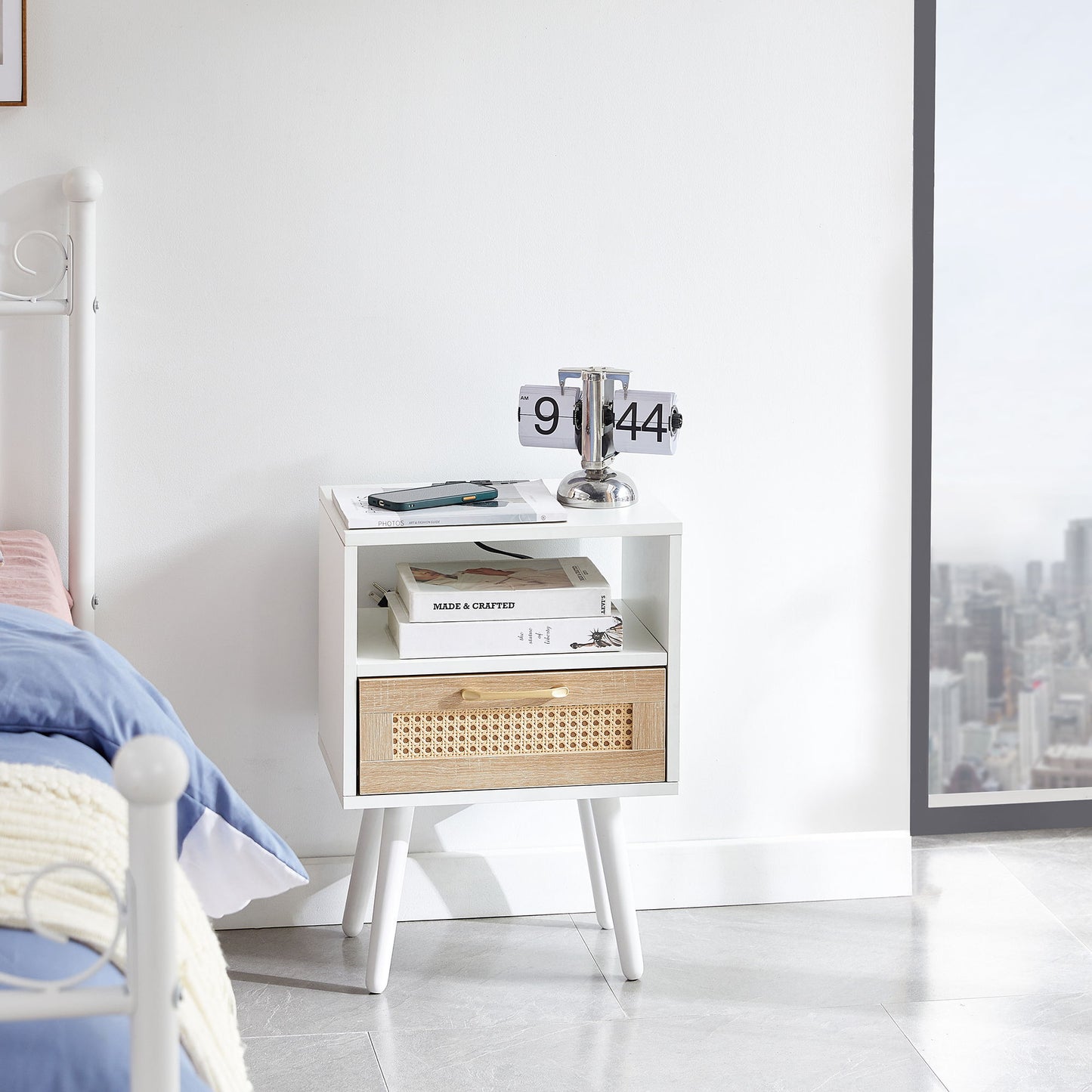 15.75" Rattan End Table With Power Outlet & USB Ports, Modern Nightstand With Drawer And Solid Wood Legs, Side Table For Living Room, Bedroom - White