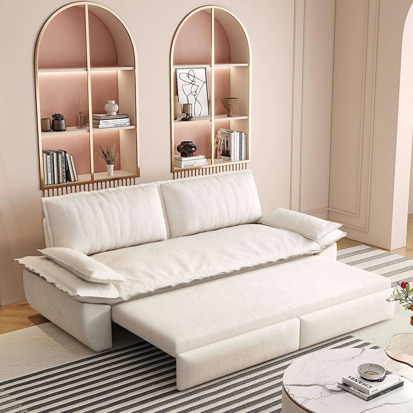 Queen Pull Out Sofa Bed, 3 In 1 Convertible Sleeper Sofa Multifunctional Velvet Loveseat Bed - Beige