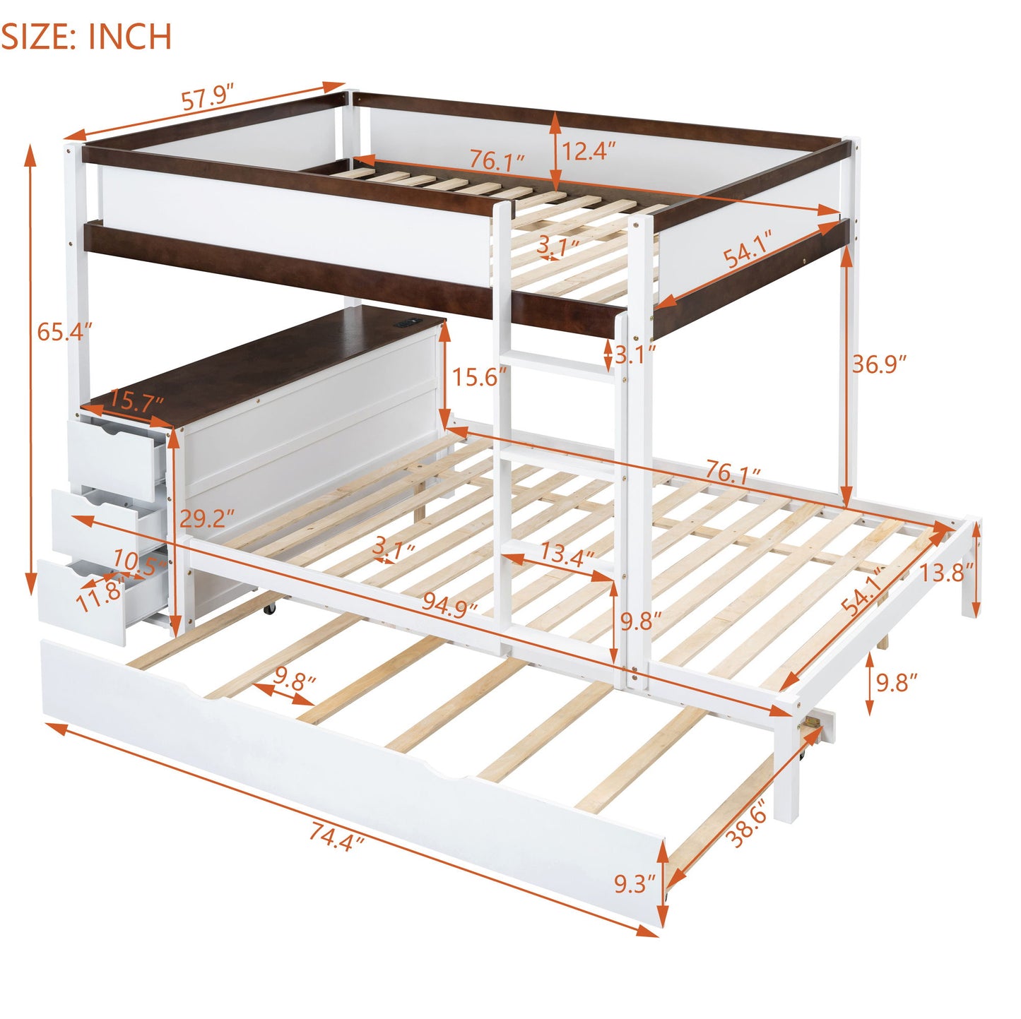 Full Over Full Bunk Bed With Twin Size Trundle, Storage And Desk - White / Walnut