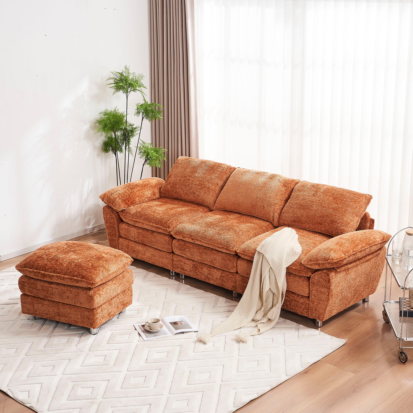 Modern Deep 3 Seat Sofa Couch With Ottoman, Polyester Sofa Sleeper Comfy Upholstered Furniture For Living Room - Orange