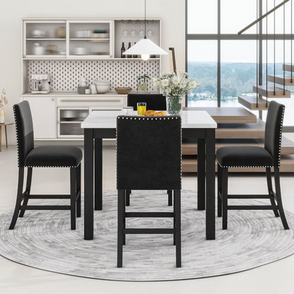 5-Piece Counter Height Dining Table Set With One Faux Marble Top Dining Table And Four Velvet Upholstered Chairs - Black