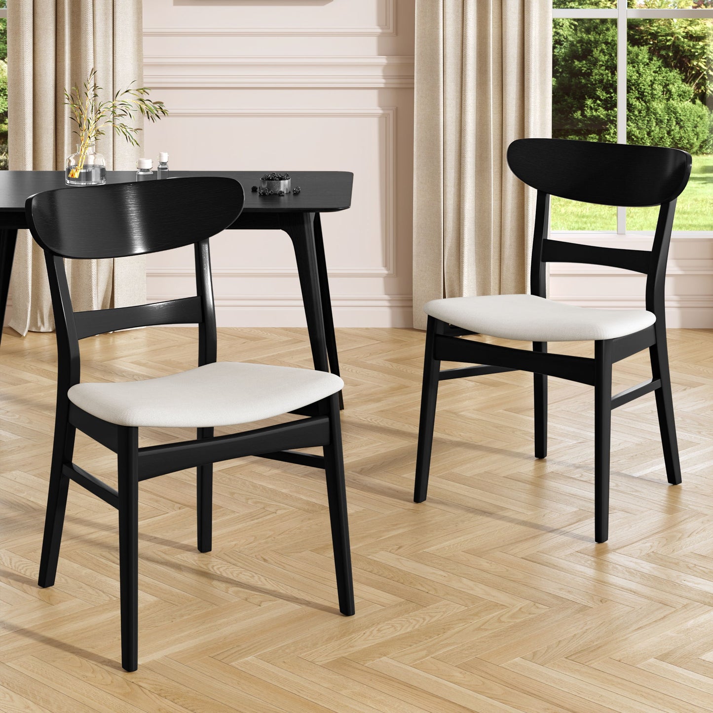 Dining Chair (Set of 2), Mid Century Dining Chairs With Cushioned Seats And Wood Frame - Light Beige / Black