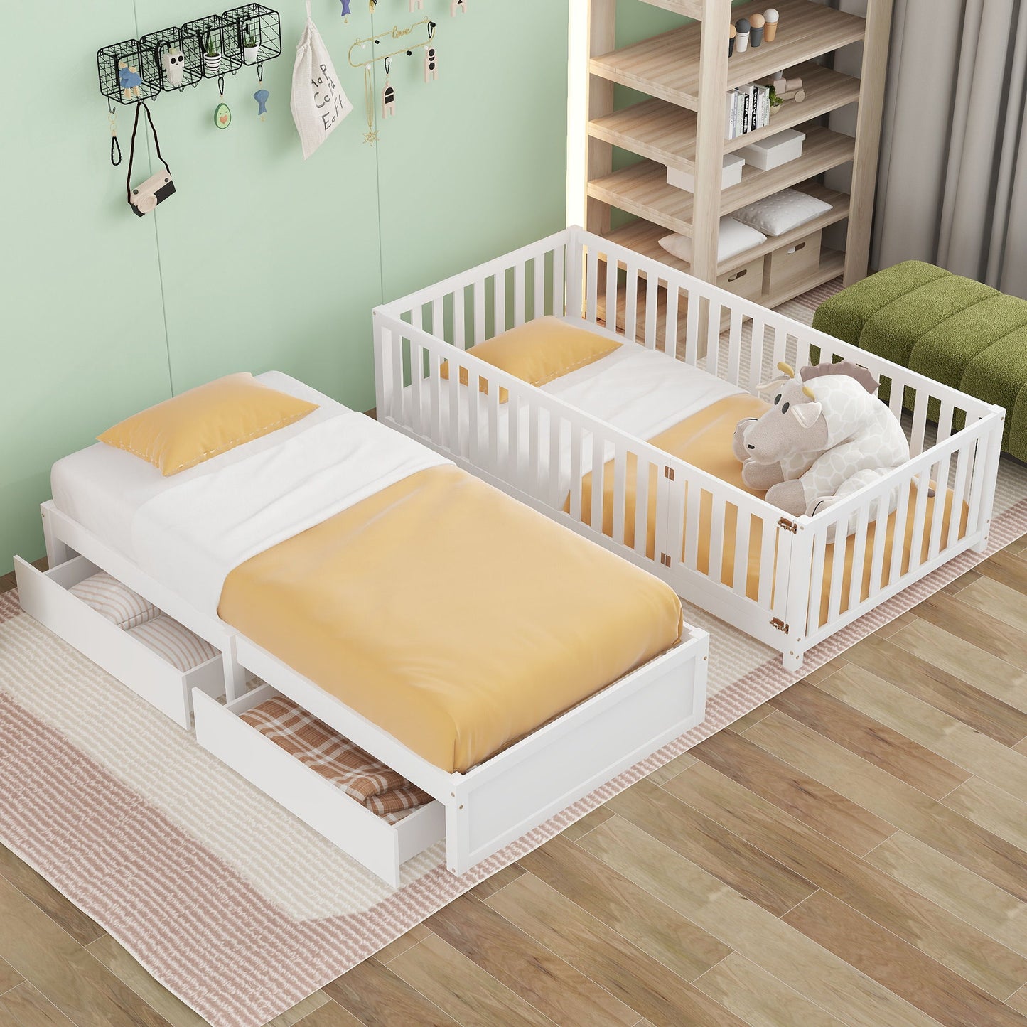 Twin Size Daybed With Fence Guardrails And 2 Drawers, Split Into Independent Floor Bed & Daybed - White
