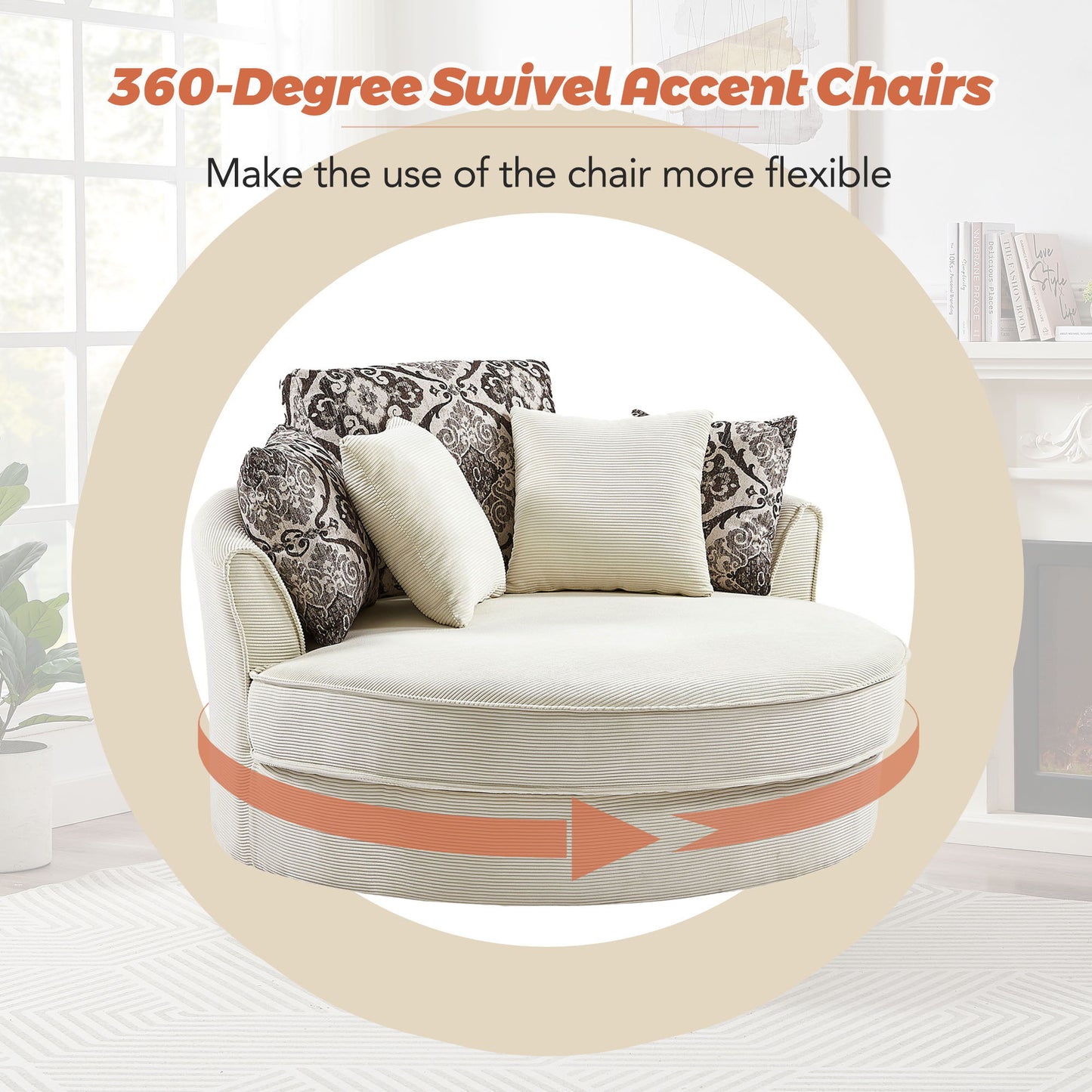 Swivel Accent Barrel Chair With 5 Movable Pillow 360 Degree Swivel Round Sofa Chair For Living Room, Bedroom, Hotel - Beige