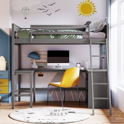 Twin Size Loft Bed With Shelves With Desk - Gray