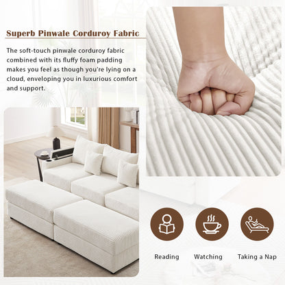 Modern Style 3 Seater Sofa Sectional Sofa Couch With Storage Space, Two Movable Ottomans, Two USB Ports, Two Cup Holders, A Phone Holder For Living Room - Beige