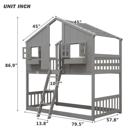 Twin Over Twin House Bunk Bed With Roof, Window, Window Box, Door, With Safety Guardrails And Ladder - Gray