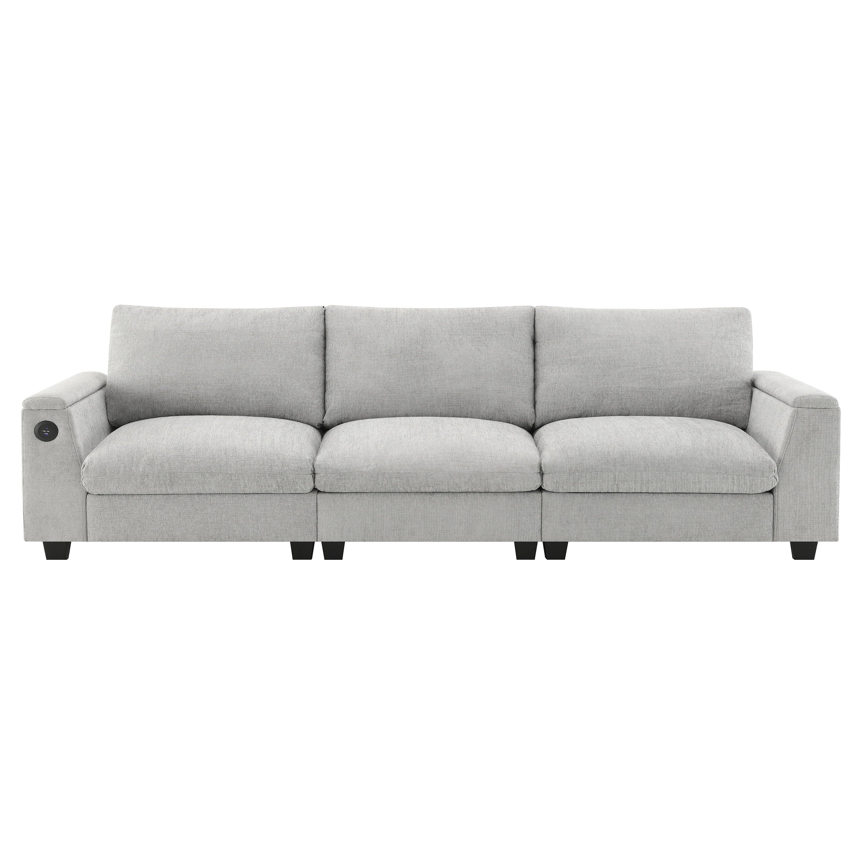 Sectional With Bluetooth Speaker Comfy Cloud Couch Set With Drop Down Table Cup Holders, USB Charger Storage Armrest Wide Seat Sofa - Gray