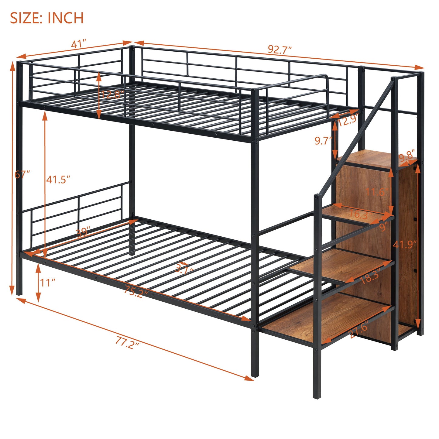 Twin Over Twin Metal Bunk Bed With Lateral Storage Ladder And Wardrobe - Black