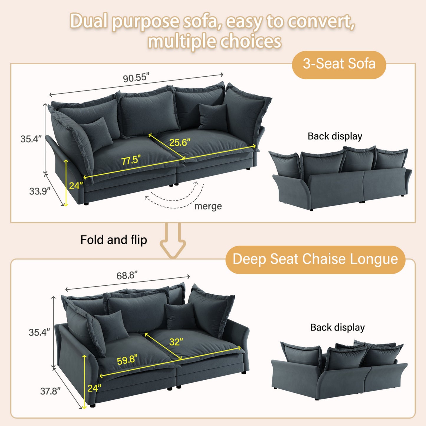 Modern Comfy Upholstered Sofa Cloud Couch, Deep Seat Couches With Multiple Large Soft Pillows, Convertible Deep Seat Chaise Langue For Living Room - Gray