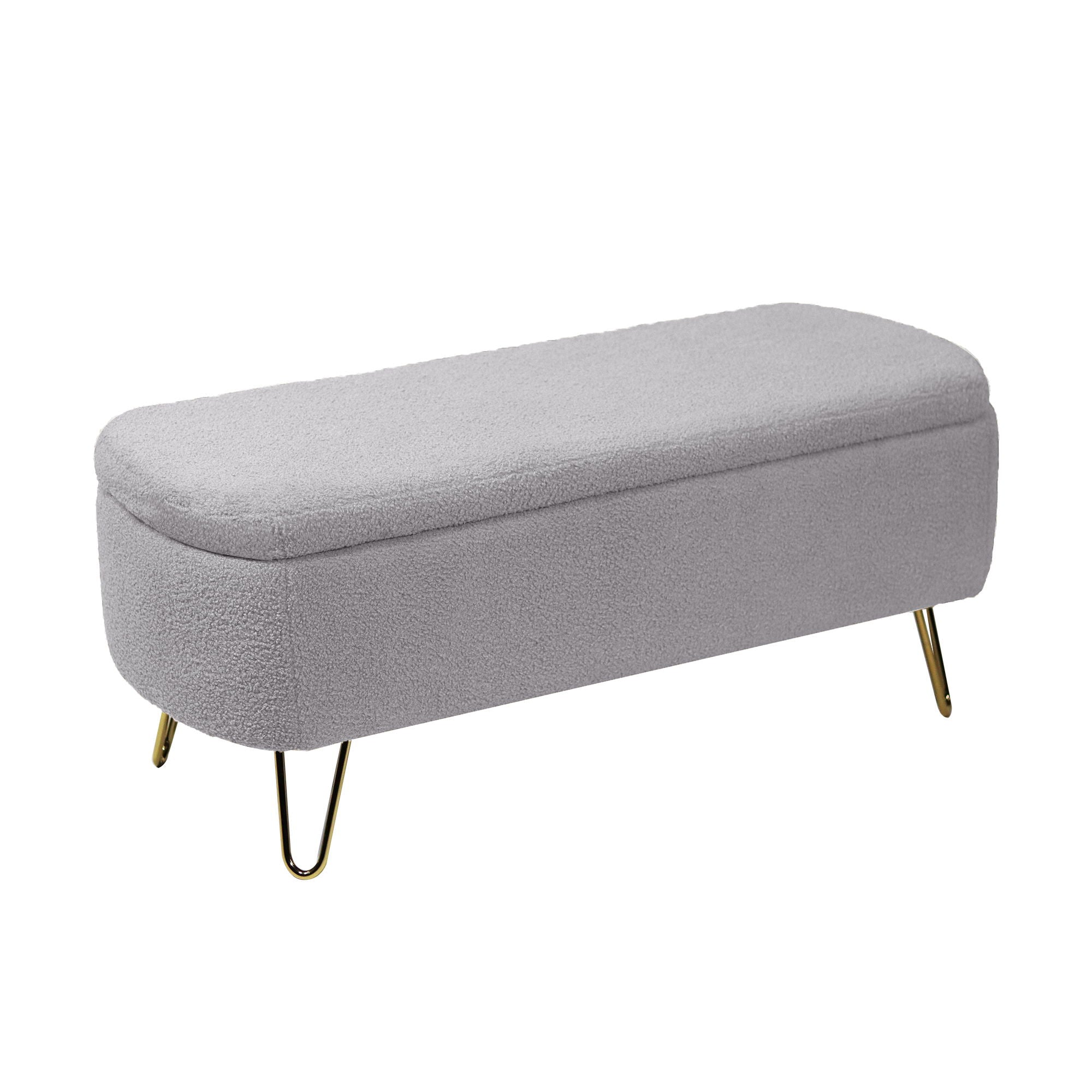 Storage Ottoman Bench For End Of Bed Gold Legs, Modern Gray Faux Fur Entryway Bench Upholstered Padded With Storage For Living Room Bedroom - Gray