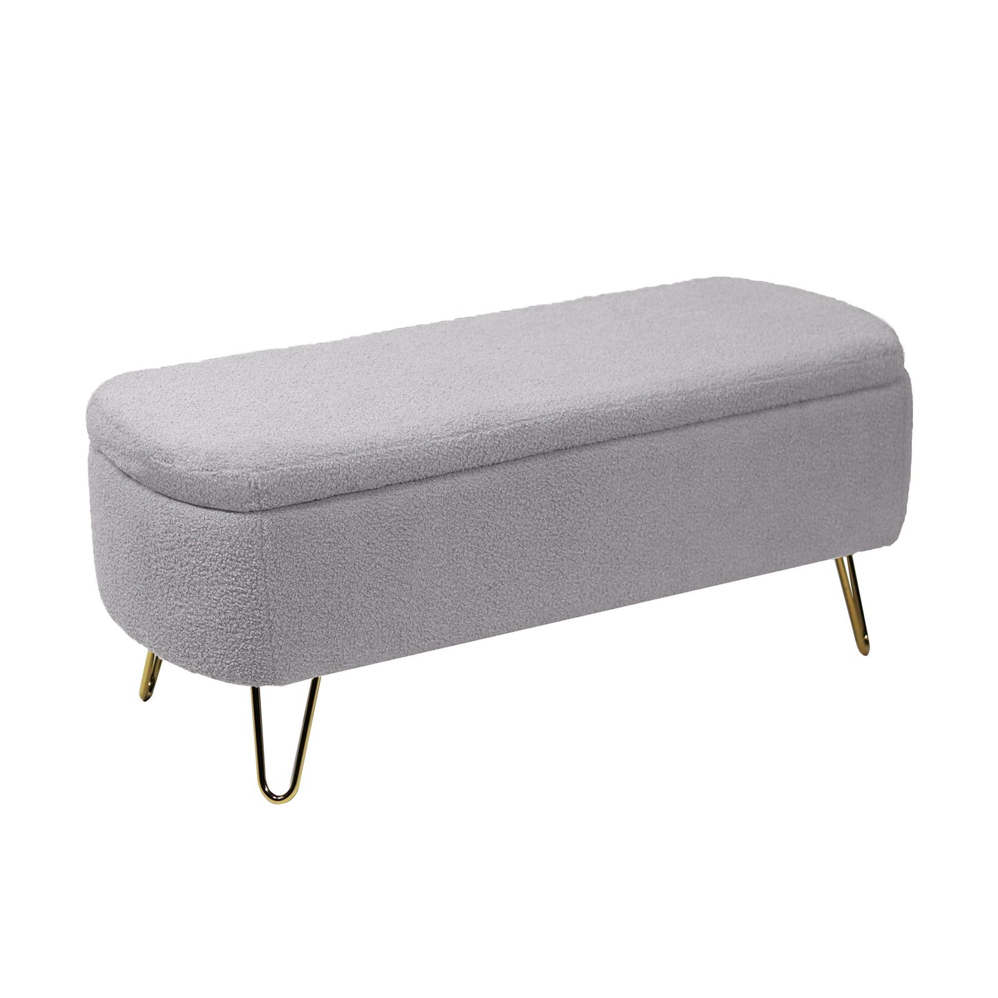 Storage Ottoman Bench For End Of Bed Gold Legs, Modern Gray Faux Fur Entryway Bench Upholstered Padded With Storage For Living Room Bedroom - Gray