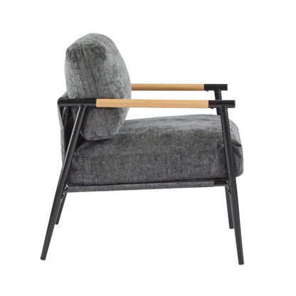 Modern Accent Chair With Plush Cushions, Minimalist Metal Frame, Wooden Armrest - Gray