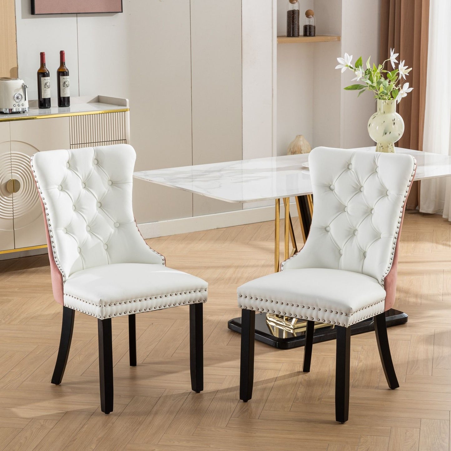 Nikki - Modern, High-End Tufted Solid Wood Contemporary And Velvet Upholstered Dining Chair With Wood Legs Nailhead Trim (Set of 2) - White / Pink