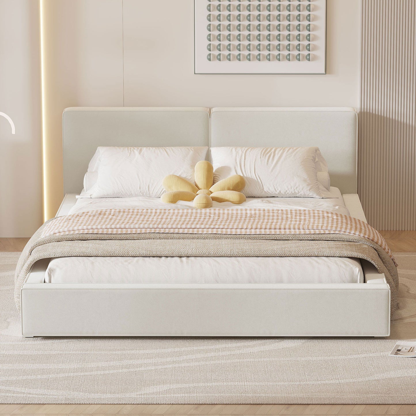 Queen Size Upholstered Platform Bed, Grounded Bed With Solid Frame - Beige