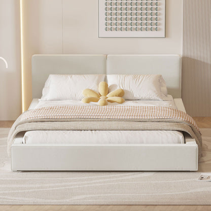 Queen Size Upholstered Platform Bed, Grounded Bed With Solid Frame - Beige