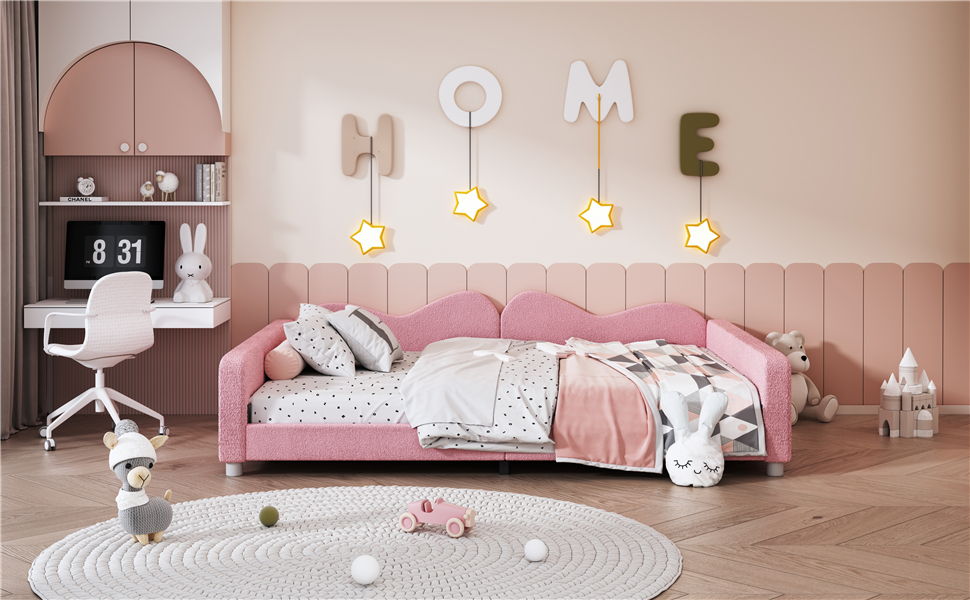 Full Size Upholstered Daybed, Sherpa Fabric Sofabed With Cloud-Shaped Backrest, No Box - Spring Needed - Pink
