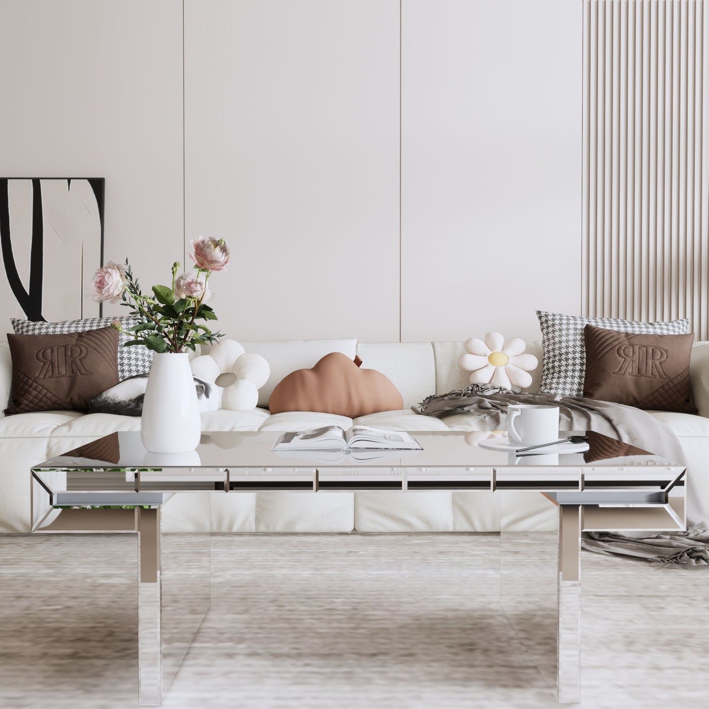 Luxury Rectangular Mirror Coffee Table With Fluted Tempered Glass, Light Luxury Style - Silver