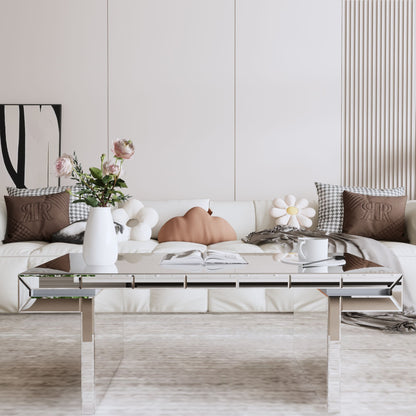 Luxury Rectangular Mirror Coffee Table With Fluted Tempered Glass, Light Luxury Style - Silver