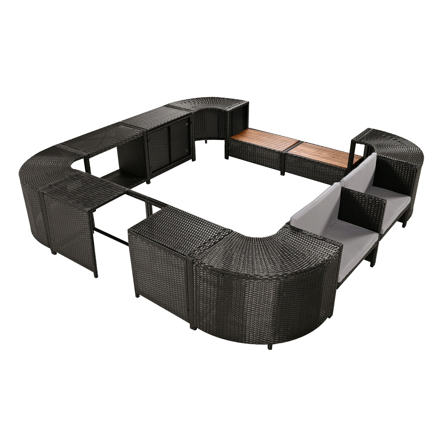 Spa Surround Spa Frame Quadrilateral Outdoor Rattan Sectional Sofa Set With Mini Sofa, Wooden Seats And Storage Spaces - Gray