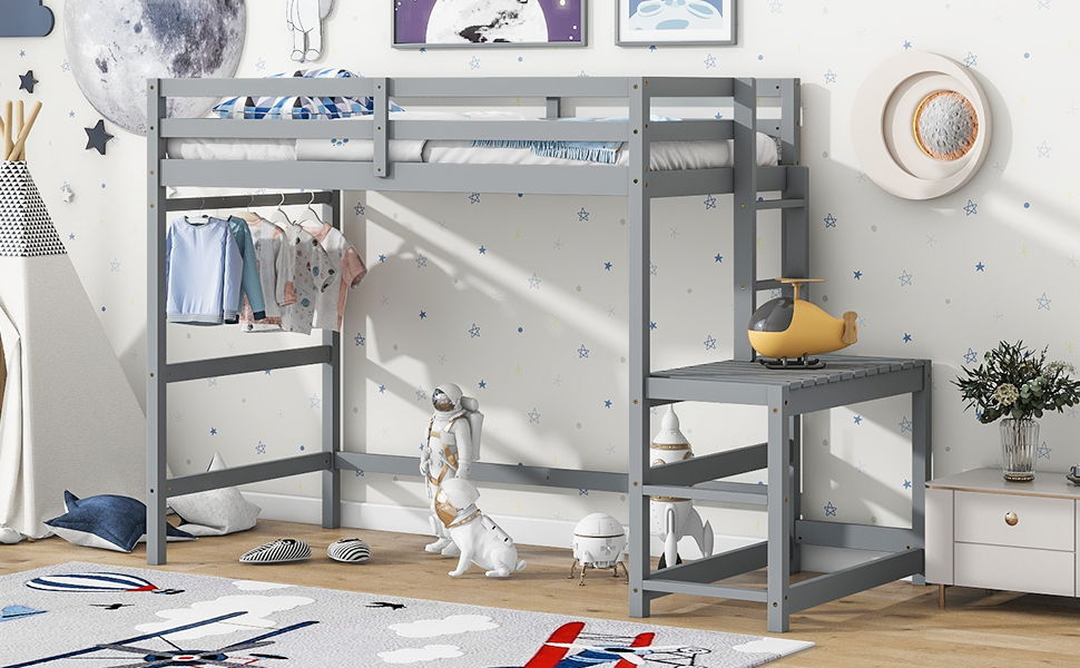 Twin Size High Loft Bed With Ladder Landing Platform, Ladders, Guardrails - Gray